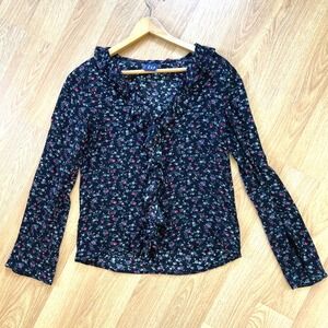 Gap Womens Blouse Size XS Ruffle Pullover Floral Dark V-Neck Sheer Work